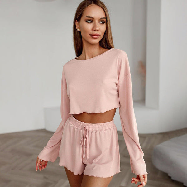 Knitted Pajama Set - Comfortable Pit Long-Sleeved Shorts